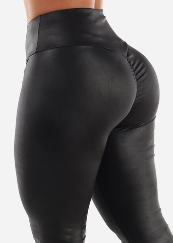 Image of Sexy Ruched Butt Black Pleather Leggings