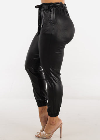 Image of Black High Waist Faux Leather Paperbag Jogger Pants