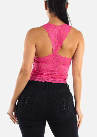 Image of Vneck Floral Lace Racerback Top Fuchsia