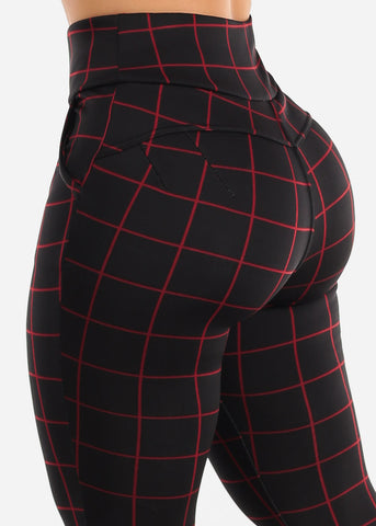 Image of Black High Waisted Butt Lifting Skinny Pants Windowpane
