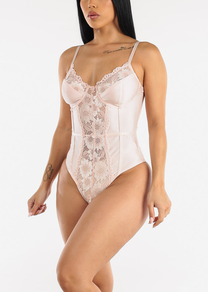 Sweetheart Lace Cami Thong Bodysuit Light Pink