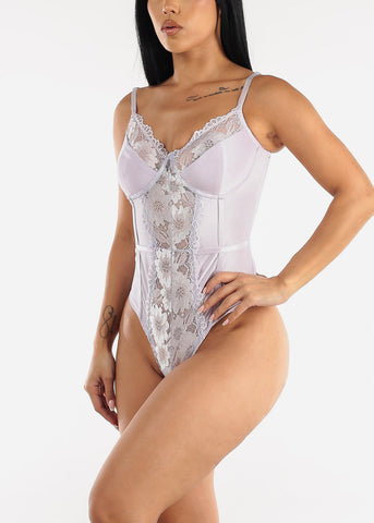Image of Sweetheart Lace Cami Thong Bodysuit Light Purple