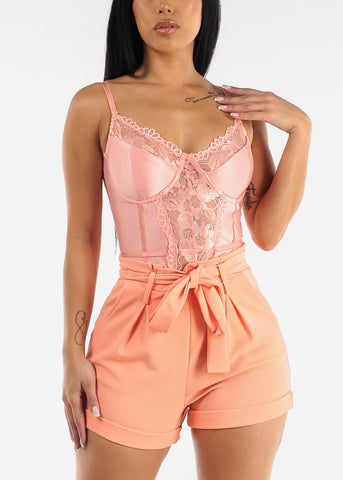 Image of Sweetheart Lace Cami Thong Bodysuit Coral