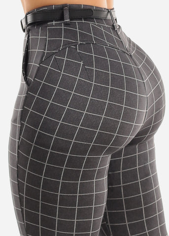 Image of Butt Lifting Plaid Skinny Pants Grey w Belt