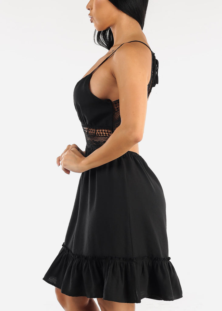 Black Sleeveless Open Back Lace Ruffled Dress