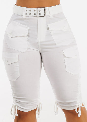 Image of High Waisted White Cargo Bermuda Shorts w Belt