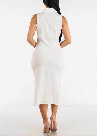 Image of White Sleeveless Ruched Front Collared Midi Dress