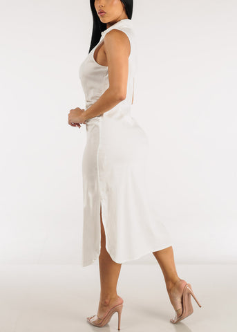 Image of White Sleeveless Ruched Front Collared Midi Dress