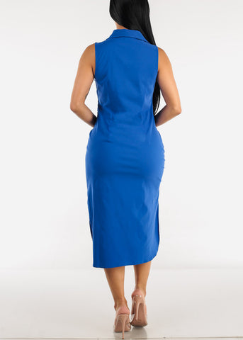 Image of Sleeveless Ruched Front Collared Midi Dress Royal Blue