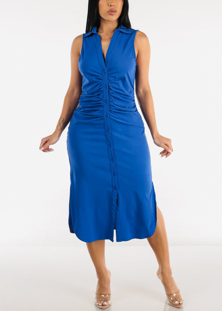 Sleeveless Ruched Front Collared Midi Dress Royal Blue