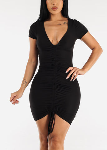 Image of Short Sleeve Adjustable Ruched Front Mini Dress Black