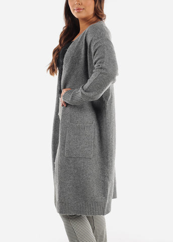 Image of Open Front Grey Maxi Cardigan w Pockets