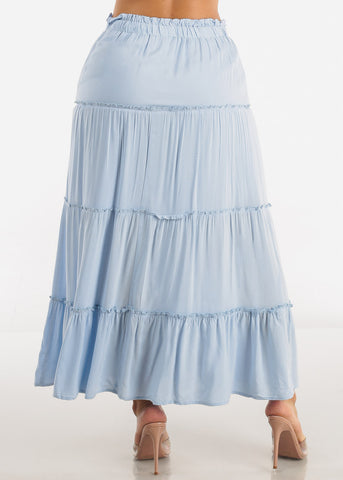 Image of Light Blue A Line High Waist Ruffle Tiered Maxi Skirt