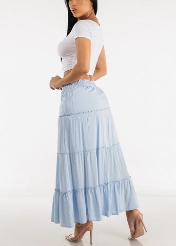 Image of Light Blue A Line High Waist Ruffle Tiered Maxi Skirt