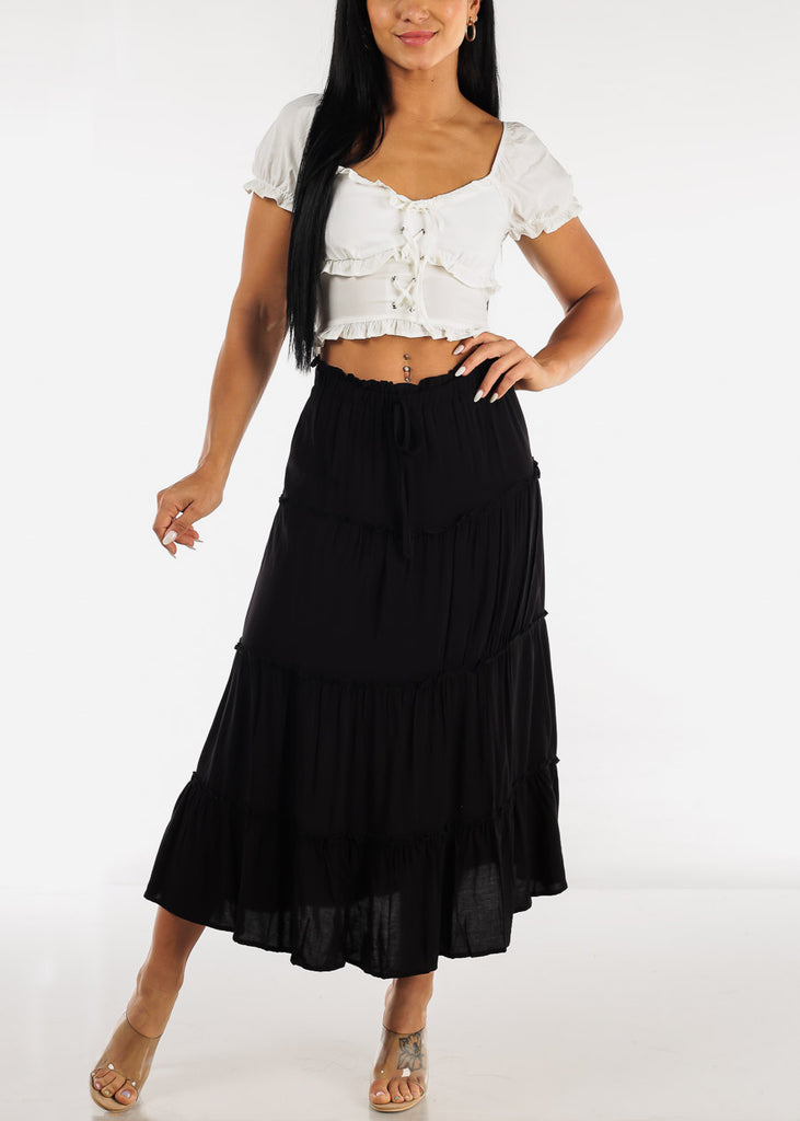 Black A Line High Waist Ruffle Tiered Maxi Skirt