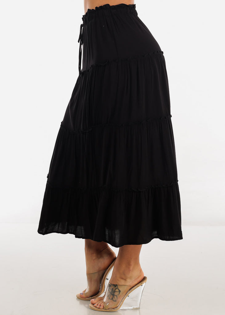 Black A Line High Waist Ruffle Tiered Maxi Skirt
