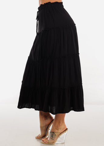 Image of Black A Line High Waist Ruffle Tiered Maxi Skirt