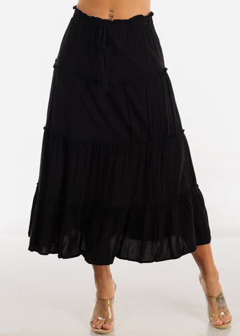Image of Black A Line High Waist Ruffle Tiered Maxi Skirt