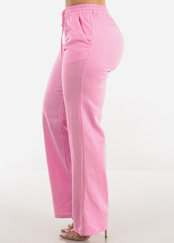 Image of Pink Drawstring Waist Wide Leg Linen Pants
