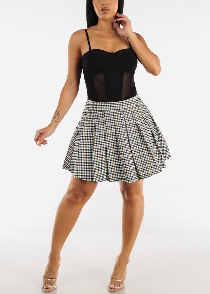 High Waisted Plaid Pleated Mini Skirt