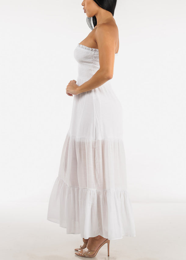 White Strapless Smocked Maxi Dress