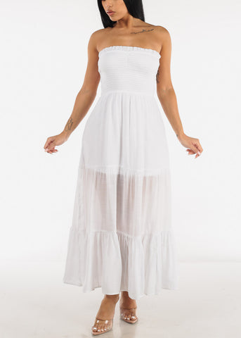 Image of White Strapless Smocked Maxi Dress
