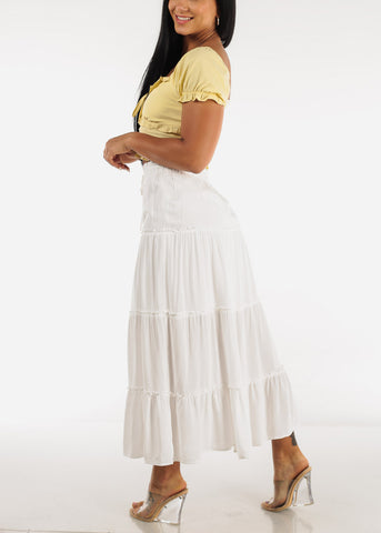 Image of White A Line High Waist Ruffle Tiered Maxi Skirt
