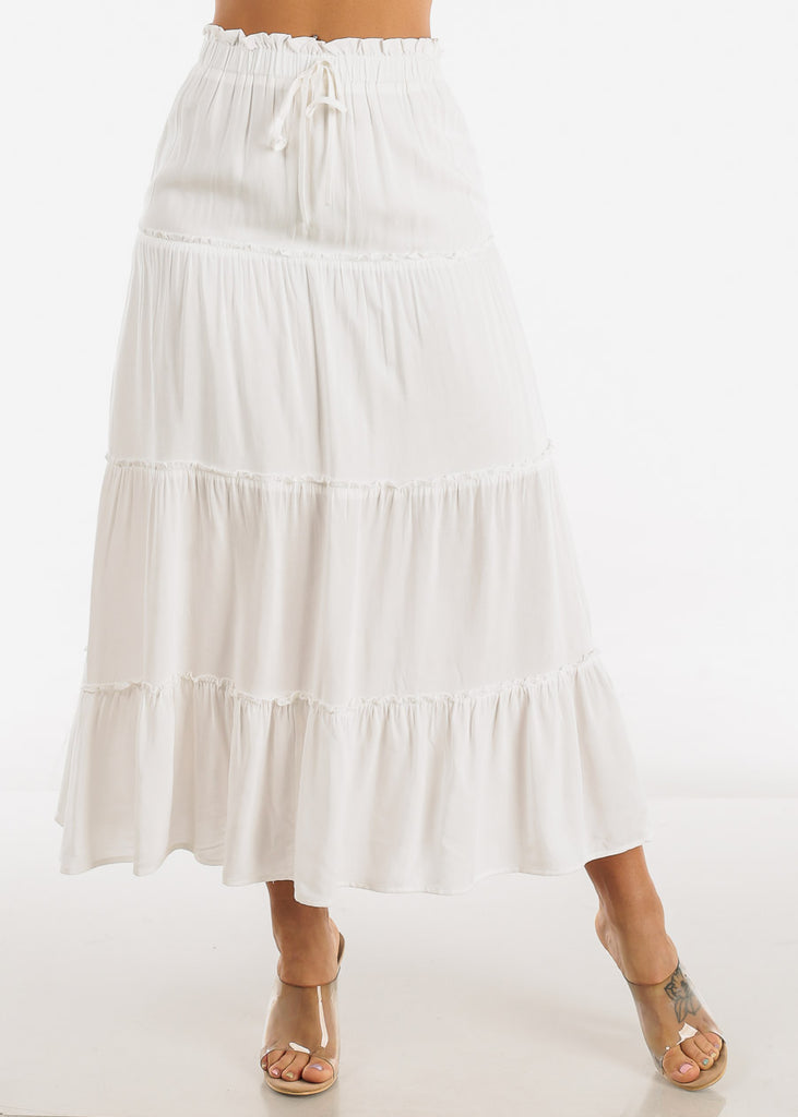White A Line High Waist Ruffle Tiered Maxi Skirt