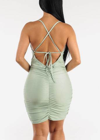 Image of Ruched Cowl Neck Bodycon Mini Dress Sage