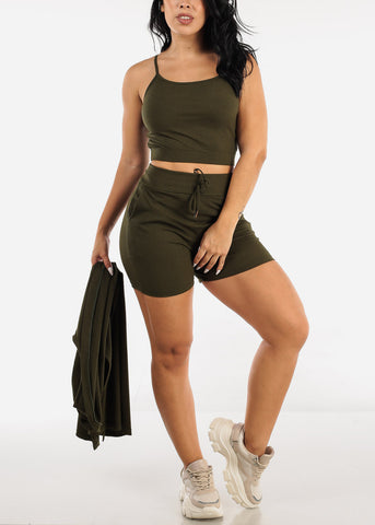 Image of Olive Sleeveless Cardigan, Cropped Tank Top & Shorts (3 PCE SET)