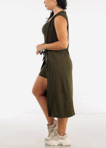 Image of Olive Sleeveless Cardigan, Cropped Tank Top & Shorts (3 PCE SET)