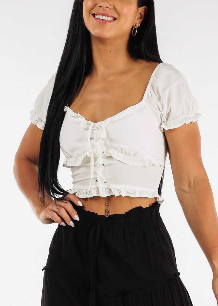 White Ruffled Lace Up Crop Top