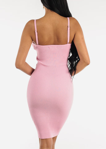Image of Sleeveless Knitted Sweater Bodycon Dress Pink