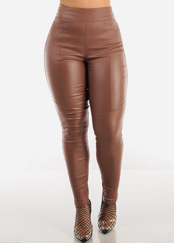 Image of High Waisted Brown Pleather Skinny Pants