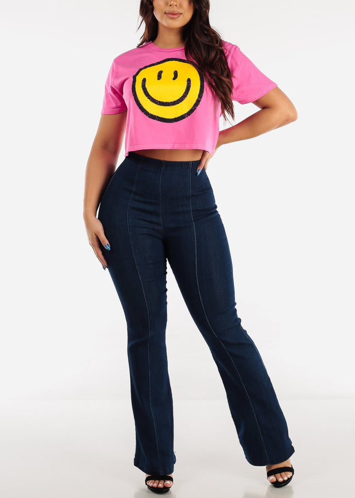 Hot Pink Short Sleeve Cotton Graphic Tee Smiling Face