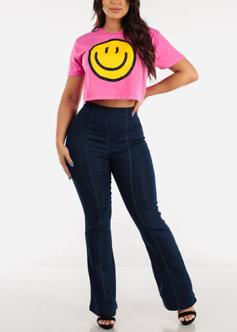 Image of Hot Pink Short Sleeve Cotton Graphic Tee Smiling Face