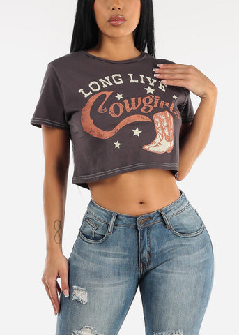 Image of Charcoal Vintage Cotton Crop Top Long Live Cowgirls