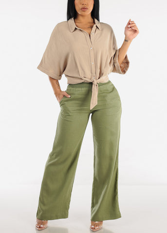 Image of Front Tie Button Up Cropped Shirt Khaki