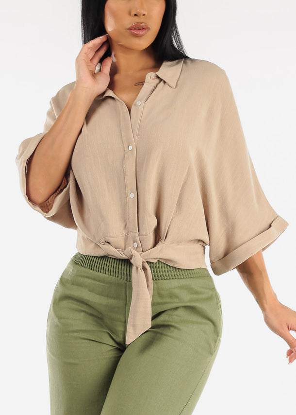 Front Tie Button Up Cropped Shirt Khaki