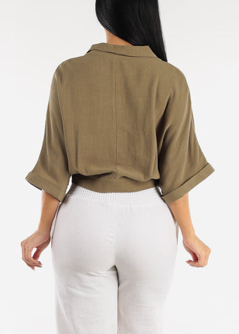 Image of Front Tie Button Up Cropped Shirt Olive
