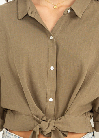 Image of Front Tie Button Up Cropped Shirt Olive