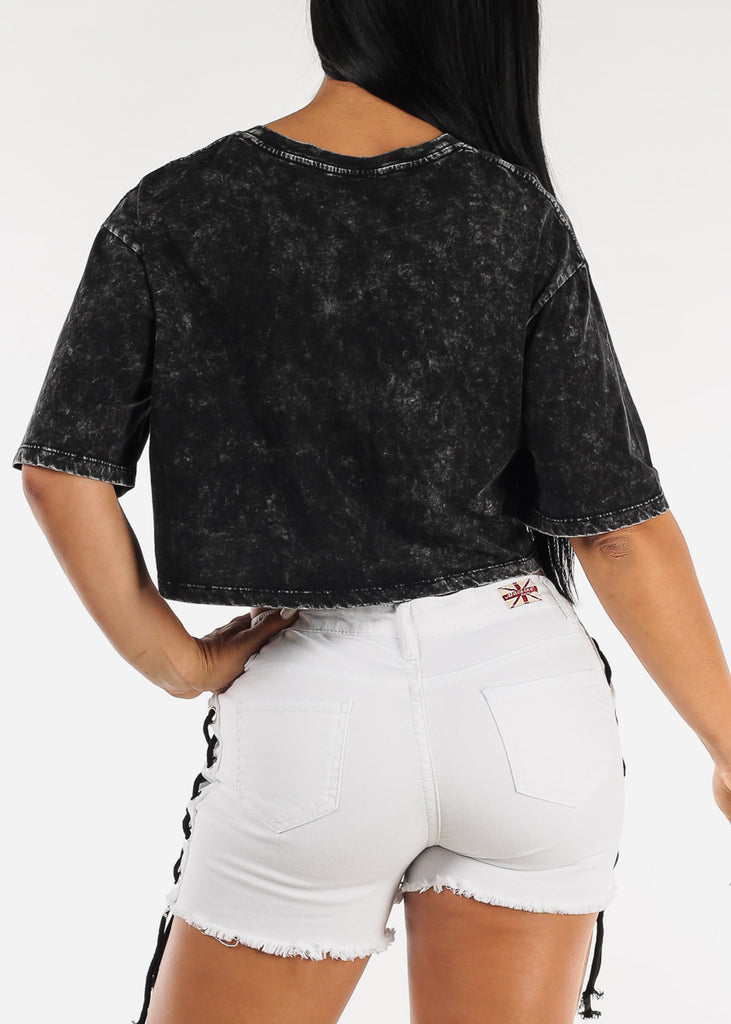Loose Short Sleeve Black Mineral Wash Cropped Tee