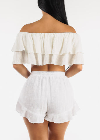 Image of Off Shoulder White Cotton Ruffled Crop Top