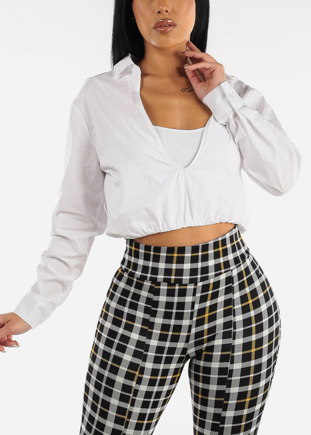 Long Sleeve Double Layer Collared Crop Top White