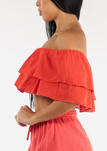 Image of Off Shoulder Red Cotton Ruffled Crop Top