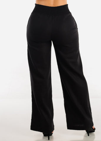 Image of Black Spandex Waist Wide Leg Linen Pants