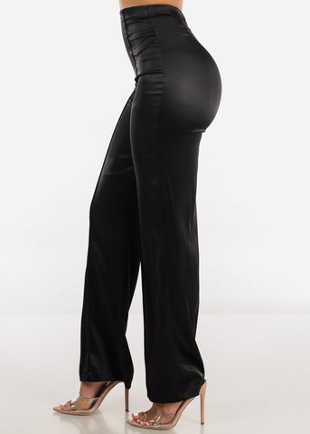 Image of High Waisted Glossy Satin Wide Legged Pants Black