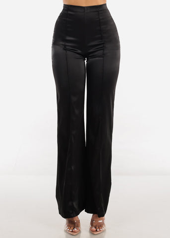 Image of High Waisted Glossy Satin Wide Legged Pants Black