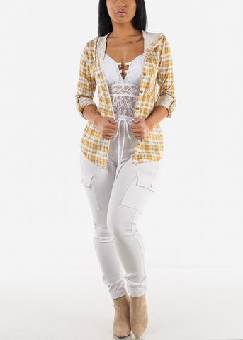 Image of Roll Up Sleeve Flannel Shacket Ivory & Mustard