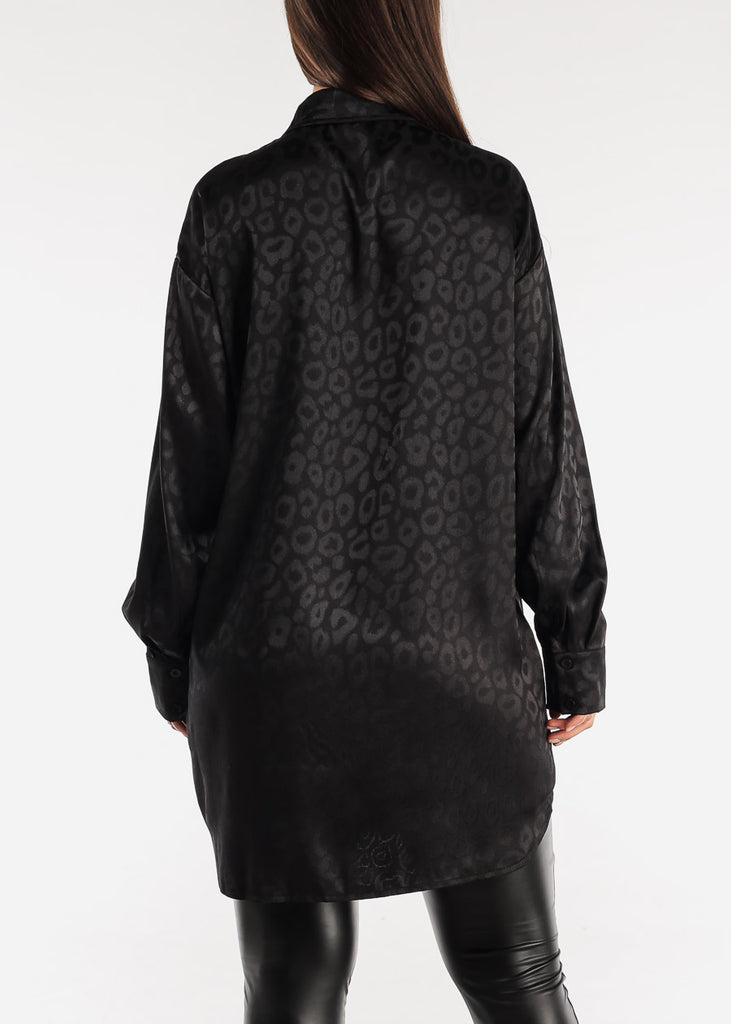 Leopard Oversize Long Sleeve Collar Shirt Or Dress Black
